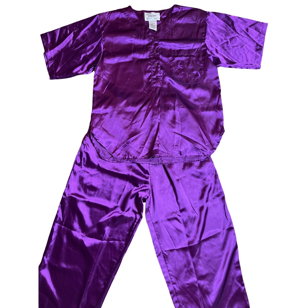 Esleep Purple Satin Pajama Set Womens Medium Celestial Moon Star Embroidered 2pc